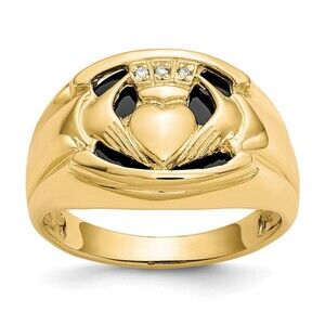 10k Yellow Gold Genuine Fine Jewelry  Men's  Diamond & Black Onyx Claddagh Ring